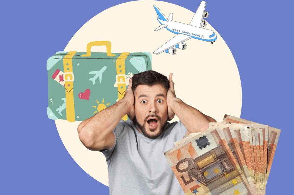 uomo sorpreso, aereo, valigia e denaro
