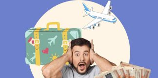 uomo sorpreso, aereo, valigia e denaro