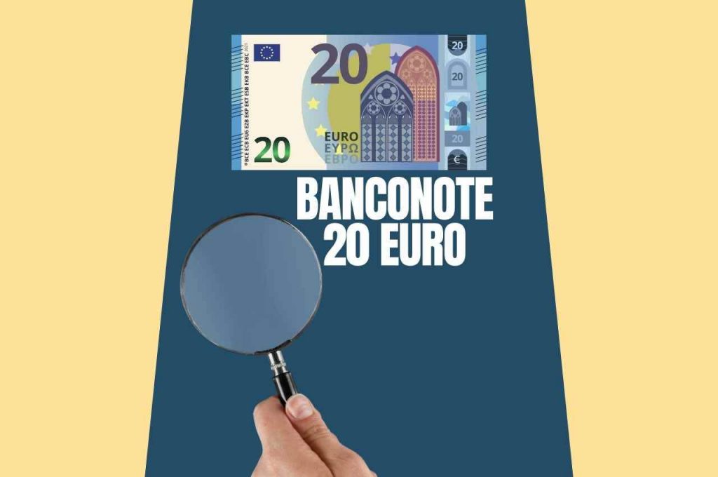 Illustrazione di banconota da 20 euro e lente di ingrandimento in basso