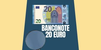 Illustrazione di banconota da 20 euro e lente di ingrandimento in basso
