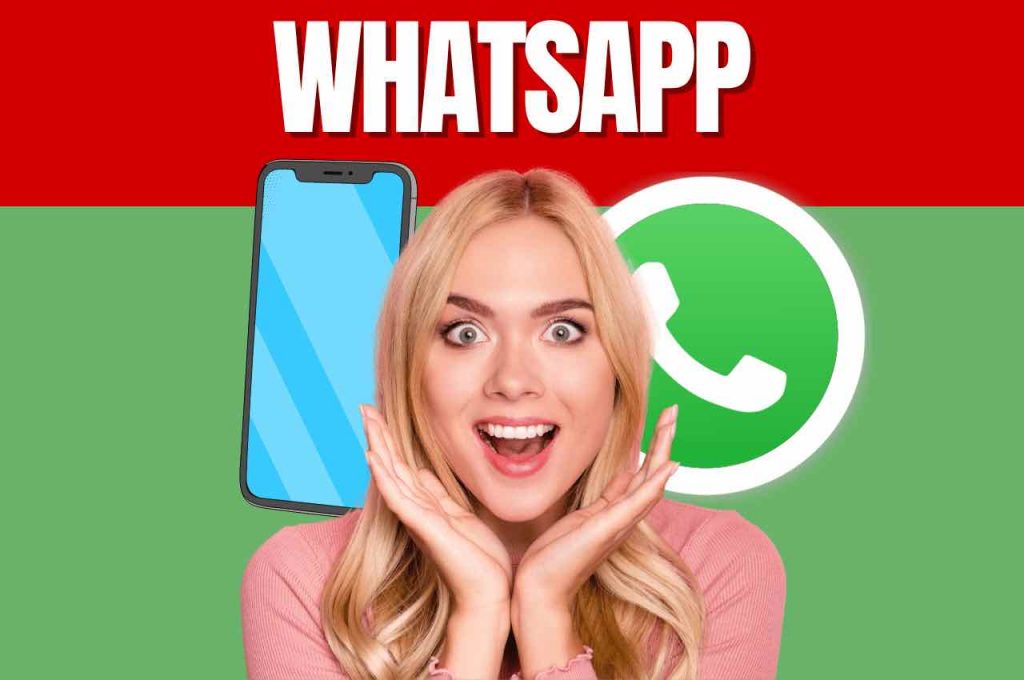 Ragazza sorpresa. Alle spalle illustrazione del telefono e logo whatsapp 