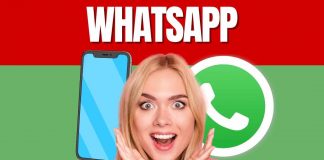 Ragazza sorpresa. Alle spalle illustrazione del telefono e logo whatsapp