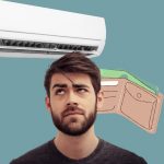 Ragazzo indeciso, condizionatore e portafoglio