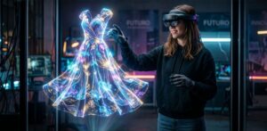 Una donna indossa un visore AR e tocca un abito luminoso fatto di particelle digitali e ologrammi, rappresentando il futuro dello shopping con l'intelligenza artificiale.