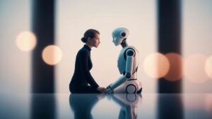 Rappresentazione artistica di una donna seduta di fronte a un robot umanoide bianco, simbolo del rapporto tra umanità e intelligenza artificiale.